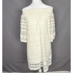 Trina Turk Dress Medium White Lace Hoku Off Shoulder Embroidered Romantic Dainty